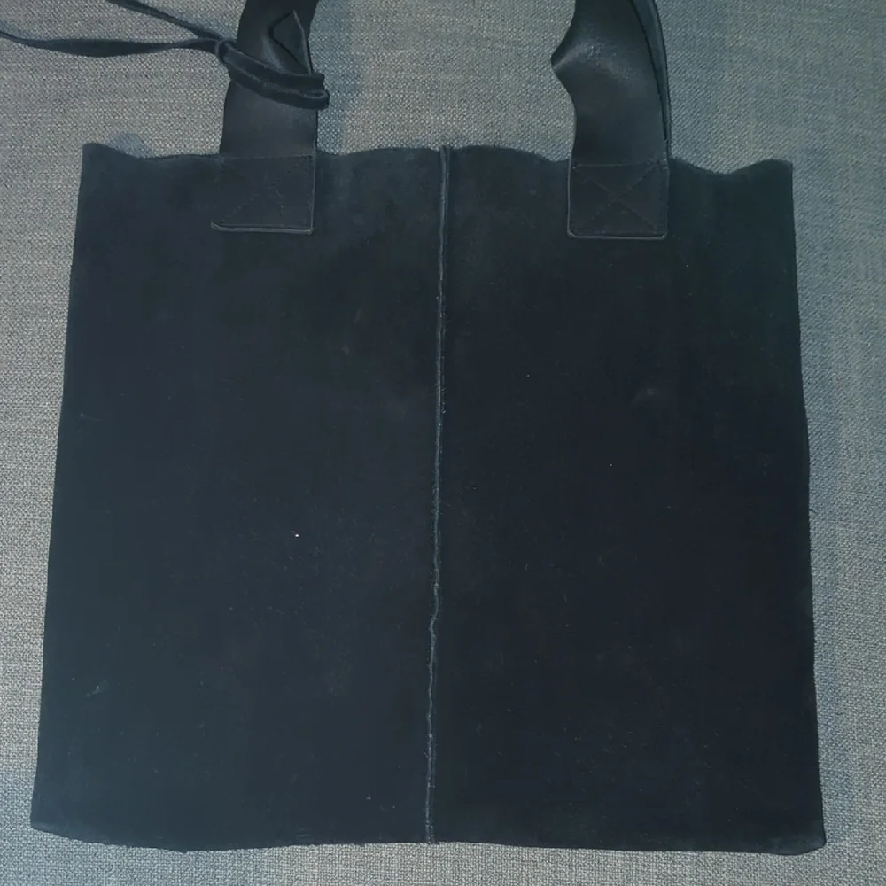Black Suede Tote Bag with Red Leather Tassel Accents - Picture 3 of 6